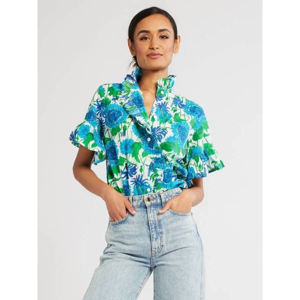 Floral Ruffle Blouse - Blue and Green